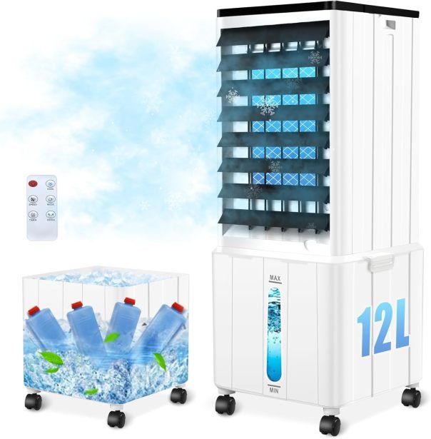 Raffrescatore d’aria senza tubo 12 L 60 W – Timer 12 h, 3 modalità, 40 dB, oscillazione 120°, serbatoio rimovibile, telecomando, silenzioso