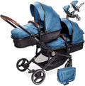 babyGO Passeggino doppio 3-in-1 per gemelli/fratelli – Per 2 bambini con numerosi accessori, blu mélange, senza ovetto auto