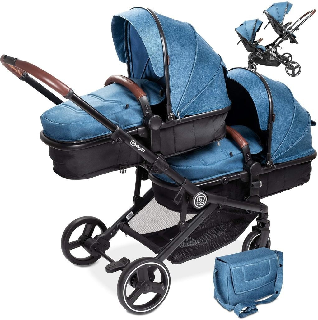 babyGO Passeggino doppio 3-in-1 per gemelli/fratelli – Per 2 bambini con numerosi accessori, blu mélange, senza ovetto auto