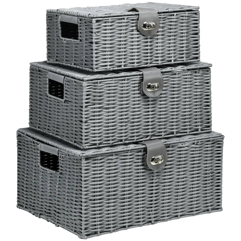 HOMCOM Set di 3 cesti portaoggetti intrecciati a mano con coperchi