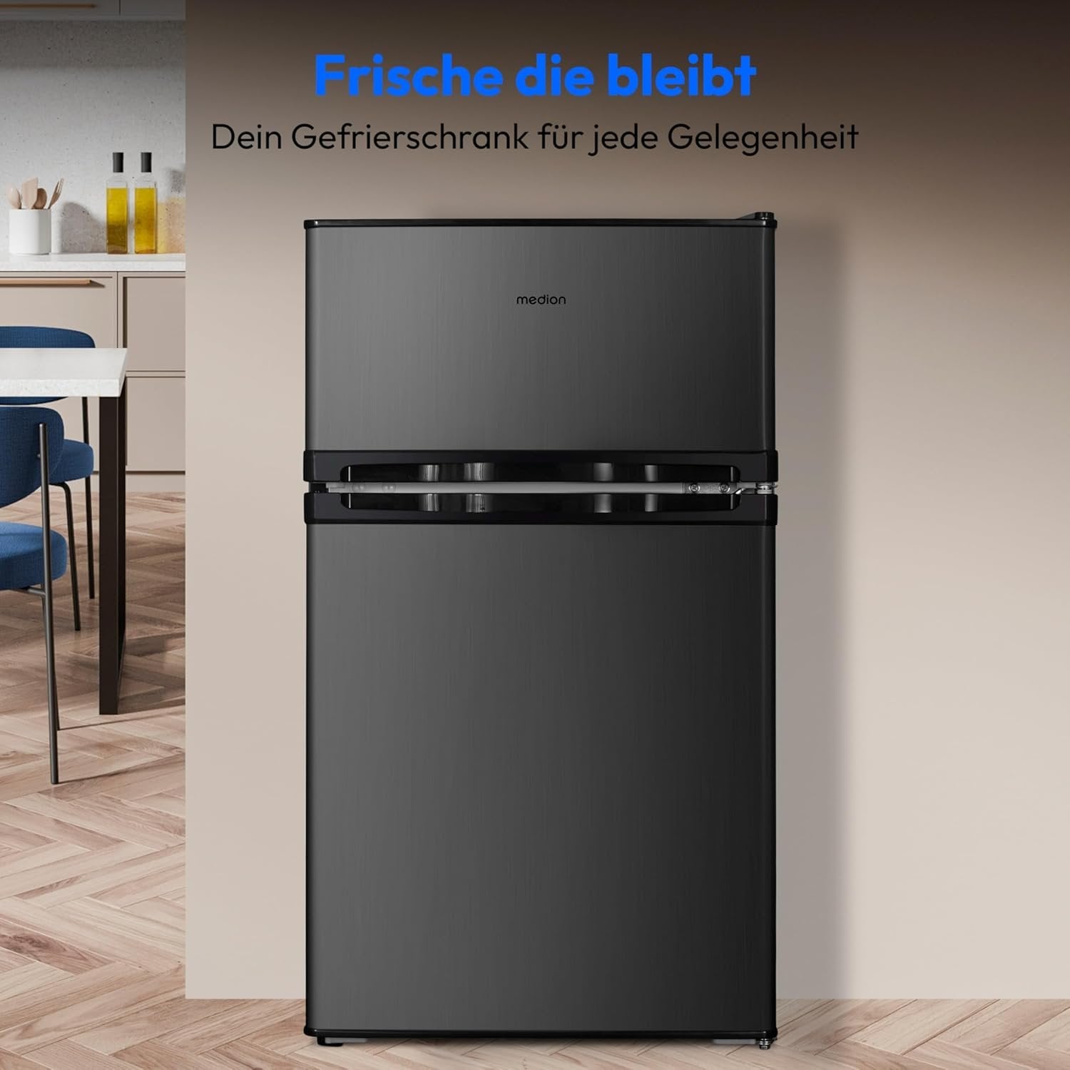 MEDION Mini frigorifero-congelatore 85 L – Frigorifero 61 L, congelatore 24 L, libera installazione, 40 dB, cassetto verdure trasparente, porta reversibile, MD 37689, grigio