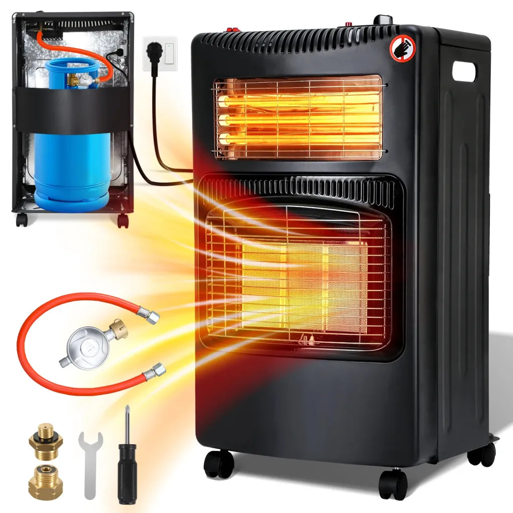 Sonnewelt Riscaldatore gas/elettrico 4200 W + 1260 W – Con regolatore di pressione, tubo gas e adattatore bombola
