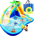Parco acquatico gonfiabile per bambini 8 in 1 con ventilatore da 450 W – Parete da arrampicata, piscina per bambini, 2 cannoni ad acqua, canestro da basket, scivolo e irrigatore