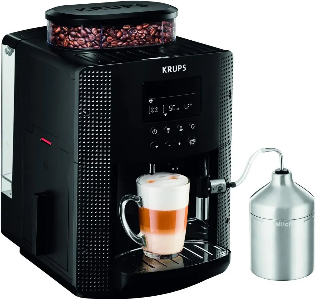 Krups Essential EA816031 Macchina da caffè automatica – Tubo latte, funzione 2 tazze, display LCD, pulizia facile, certificata TÜV, nero