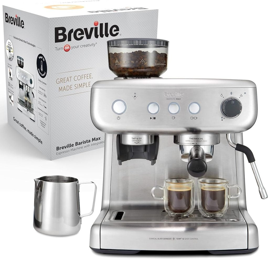 Breville Barista Max Macchina per espresso con portafiltro – Macinacaffè integrato e montalatte – Serbatoio 2,8 L – Pompa italiana 15 bar – Acciaio inox [VCF126X]