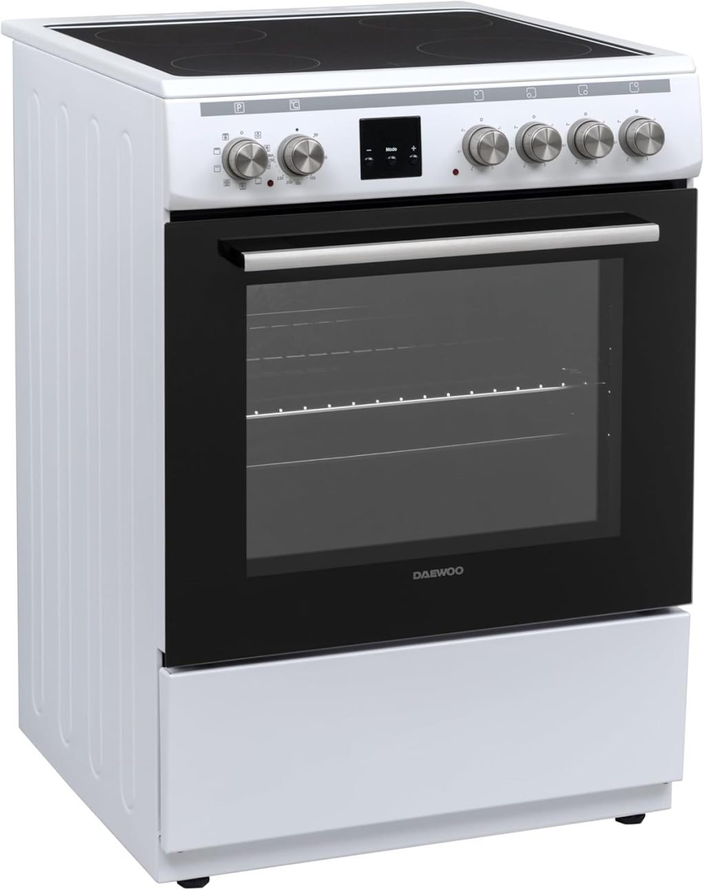 Daewoo F6EV22WL3DE Cucina a libera installazione con piano in vetroceramica, classe A, forno 65 L, 8 modalità di cottura, smalto facile da pulire, 4 zone, bianca